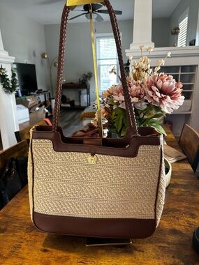 Etienne Aigner Woven Straw Tote Brown Trim Shoulder Bag